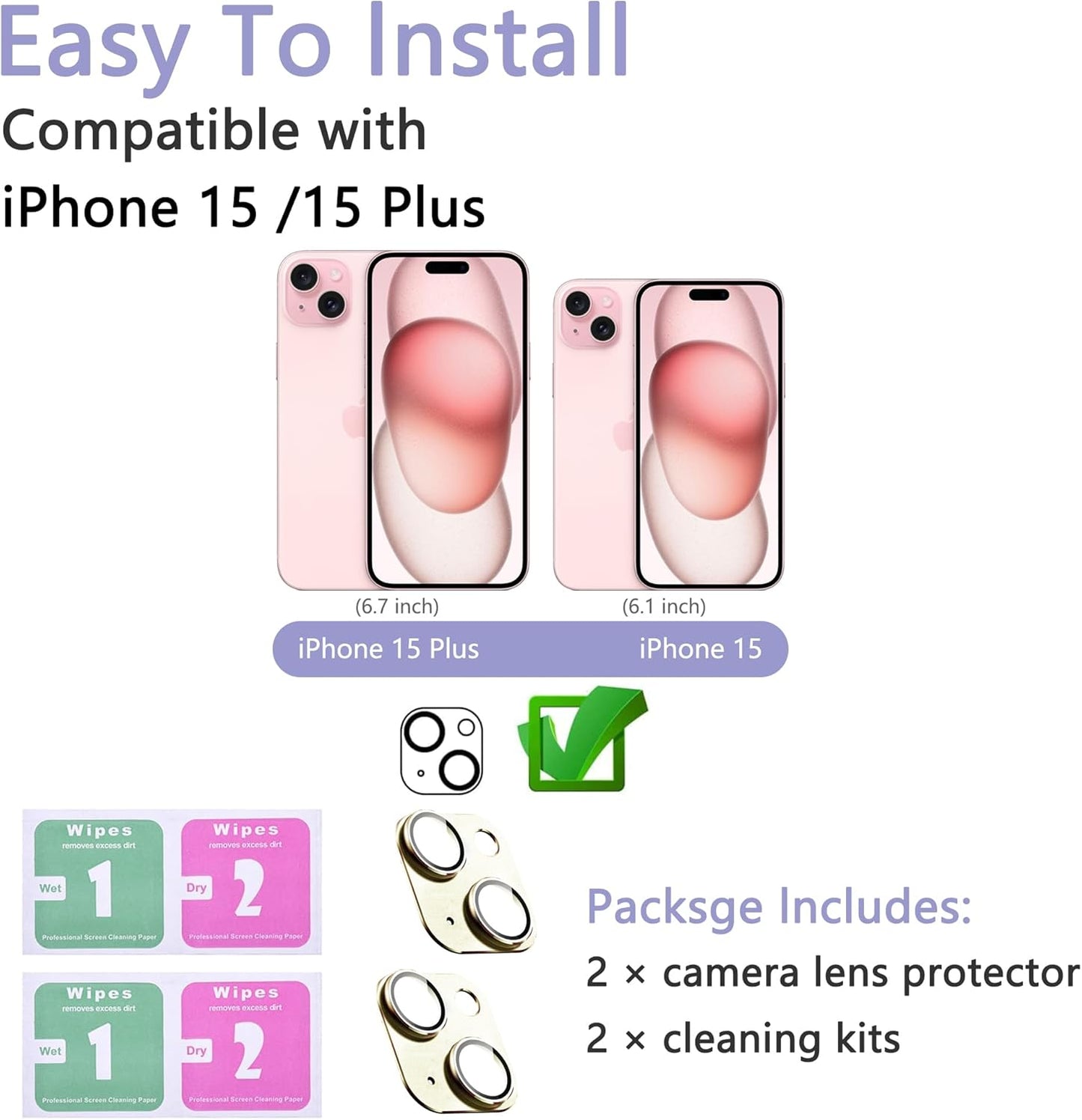 2 Pack Camera Lens Protector for iPhone 15 / iPhone 15 Plus,[Not Easy to Breakn ] AR Tempered Glass Strong Adsorption Metal Camera Cover Screen-yellow