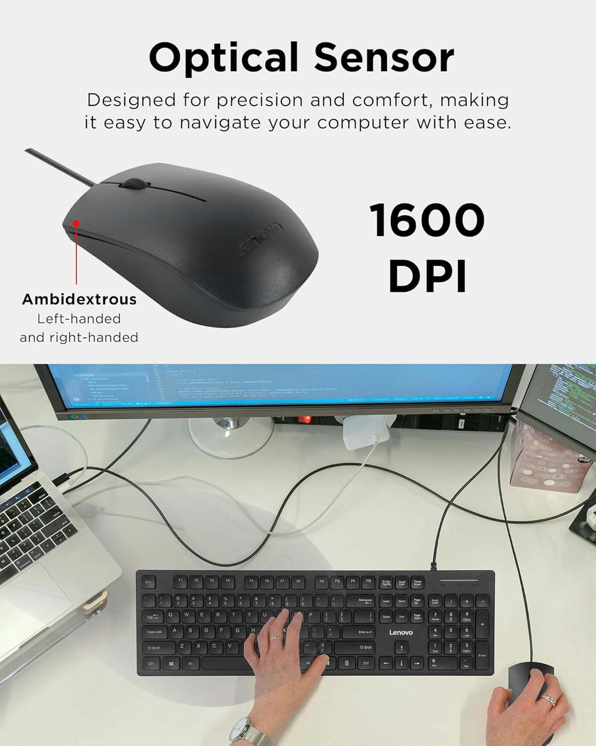 Lenovo 305 USB-C Wired Keyboard & Mouse Combo, Black, Spill-Resistant, Narrow Border, Adjustable Tilt, Full-Size Keyboard & Mouse, Compatible with Laptop, PC, Tablet, USB-C Connectivity Gaming Office