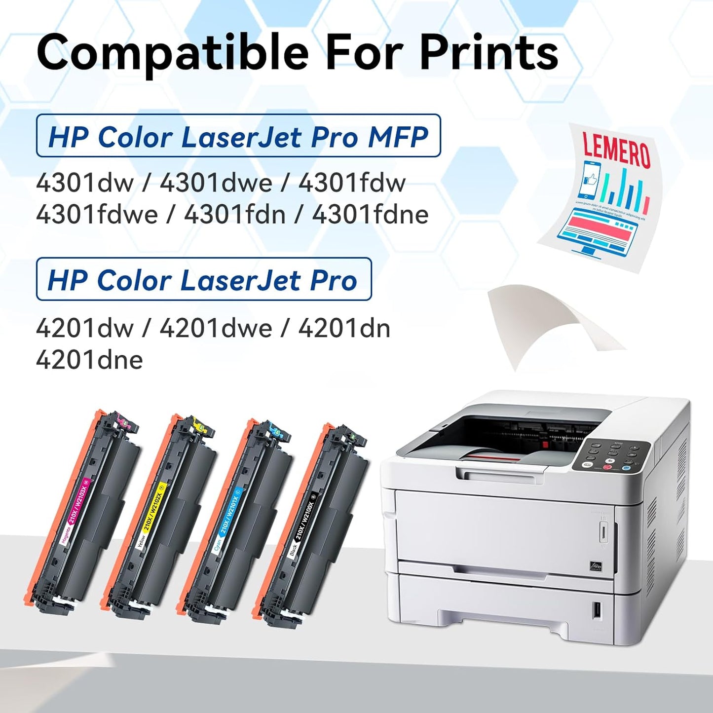 LEMERO 210X Compatible Toner Cartridge Replacement for HP 210X 210A Toner Cartridges for HP Color Laserjet Pro MFP 4301dw 4301fdn 4201dn 4201dw Printer (with Chip for HP 210X 210A High Yield-4 Packs)