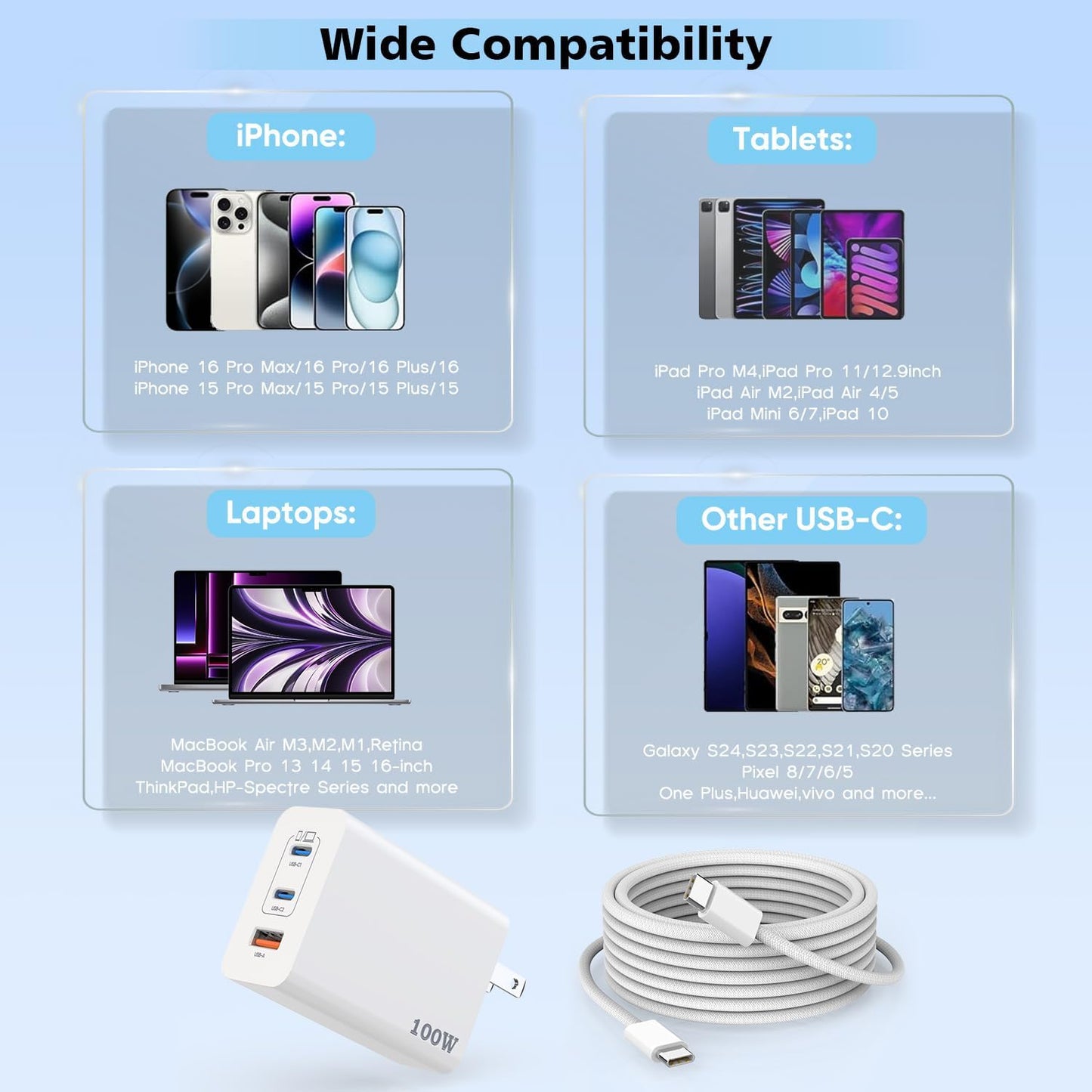 100W USB C Charger, 2Pack 140W USB C to C Woven Cable 6FT Braided Cord 100W Type C MacBook Pro Charger Block 6Foot Super Fast Phone Charging 3 Port PD & AC Charge for MacBook Pro/iPhone 16/15/iPad Pro