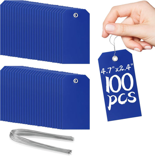 100 Pieces Plastic Shipping Tags with Wires Blank Labeling Tags Waterproof Hang Tags with Reinforcement Hole Durable Wire Tags Labels Stacking Tags for Equipment Parts (Dark Blue, 4 3/4" x 2 3/8")