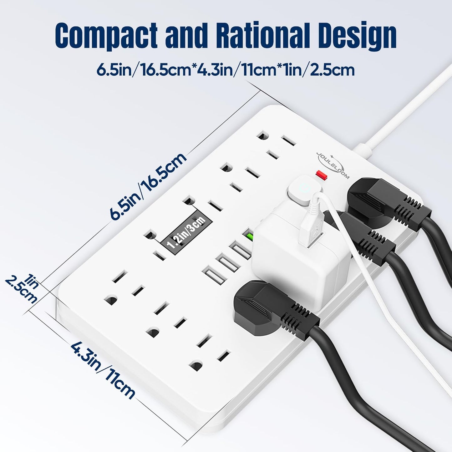 15 FT Flat Plug Surge Protector Power Strip,11 Multiple AC Outlets with 6 USB Ports (2 USB C), 15 Feet Extension Cord, 1250W/10A, One Touch Switch Button, White