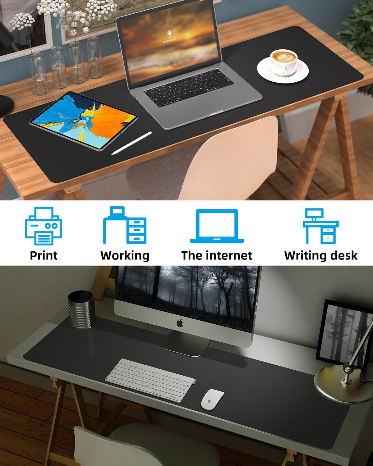 Leather Desk Pad Protector,Large Desk Mat, Mouse Pad, Non-Slip PU Leather Desk Blotter, Laptop Computer Desk Keyboard Mat, Waterproof Desk Writing Pad for Office/Home (Black, 48" x 17")