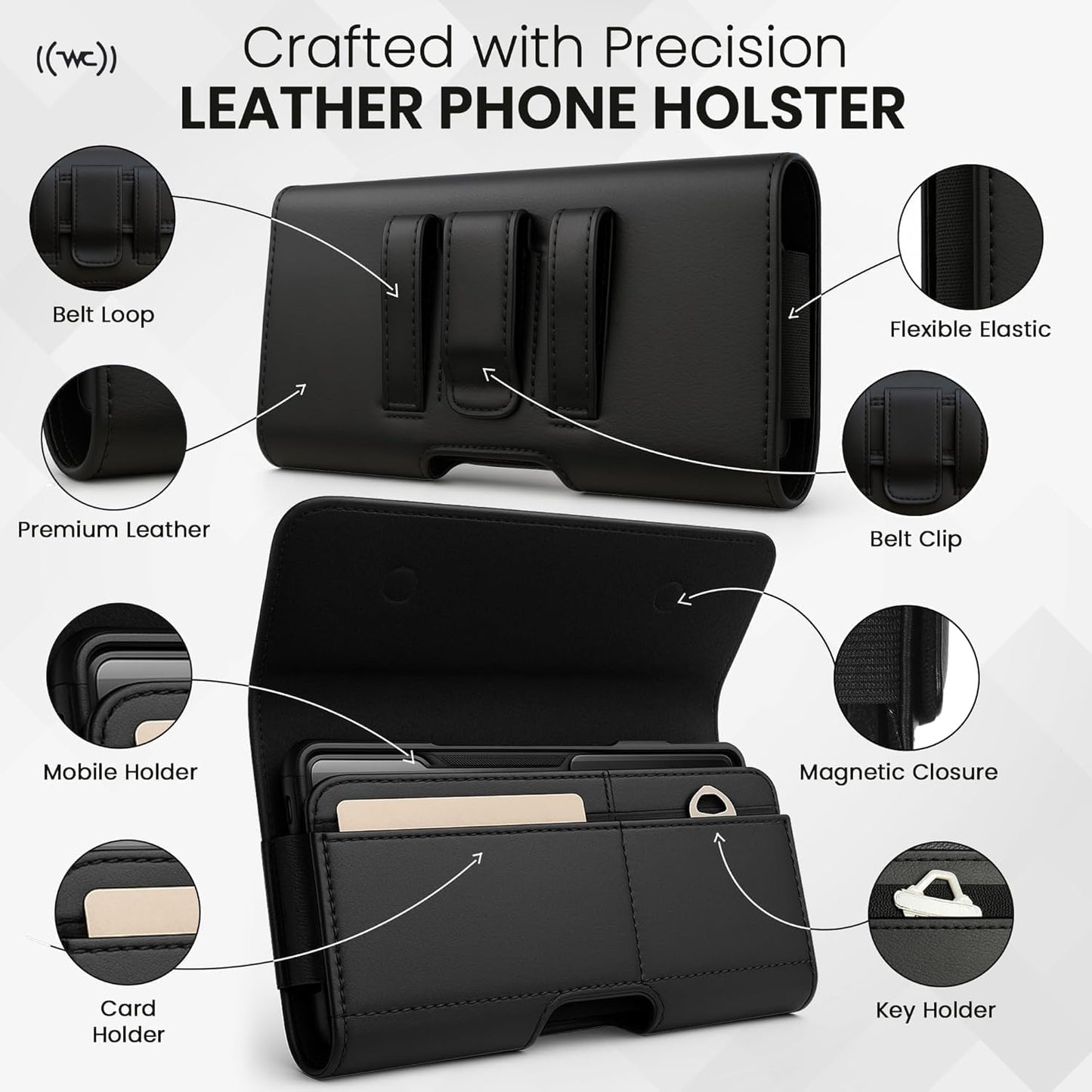 Leather Phone Holster for iPhone 17 Pro, 17, 16 Pro, 16e, 15, 15 Pro, 14, 13, 12, 11, X, XR, XS – Belt Clip Case Pouch for Men & Women | Magnetic Closure | Fits with Protective Cover