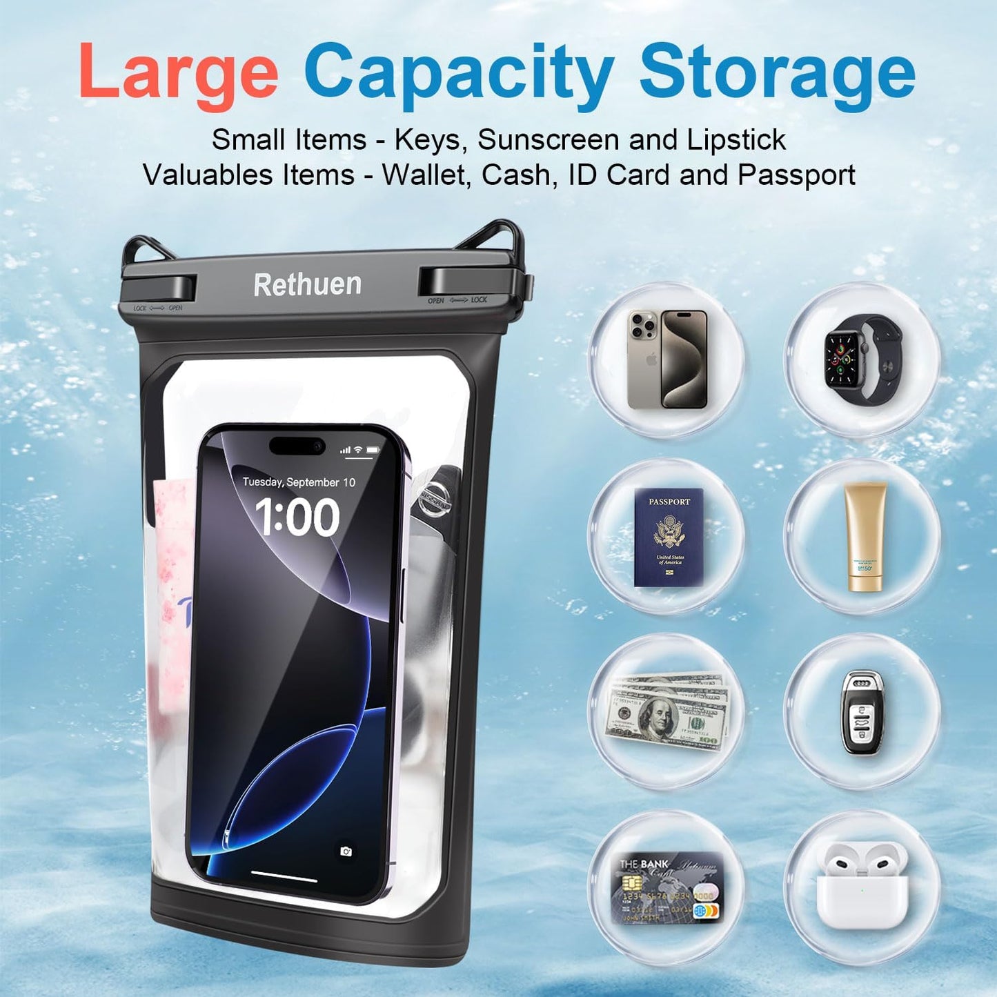 Large Floating Waterproof Phone Pouch, 2Pack Cell Phone Dry Bag for iPhone 16 15 14 13 12 Pro Max Galaxy S24 S23 S22 All Phones, Float Water Proof Bag for Beach Water Park (Black + Lime Green)