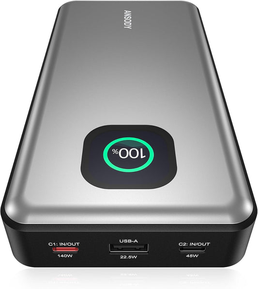 140W Power Bank, 25000mAh Laptop Portable Charger with Smart Digital Display, PD3.1 Fast Charging Battery Pack for MacBook Dell XPS iPad Tablet Steam Deck iPhone 16/15 Series Samsung Switch, Silver