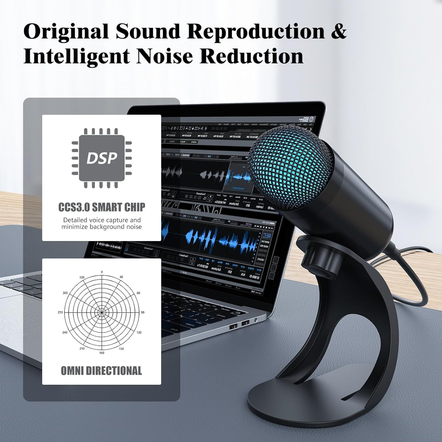 LIANGSTAR USB Computer Microphone, Podcast Mic Desktop with Mute Button for Recording Streaming, Color Change, Omnidirectional Condenser, Plug and Play with Stand for PC, Laptop, Mac, YouTube