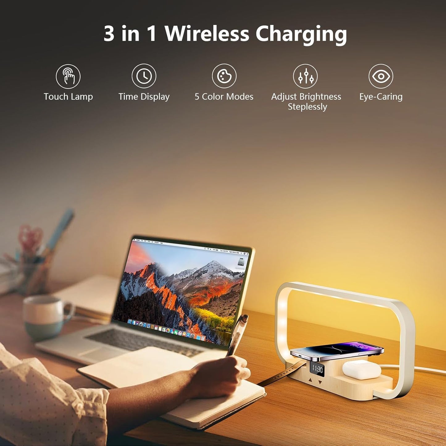 LED Bedside Lamp with Wireless Charger, 3-in-1 Touch Control Table Lamp with Clock, Dimmable Nightstand Lamp with 5 Color Modes, Modern Bedroom Desk Lamp, Gift for Women & Men,Wooden,Adapter Included