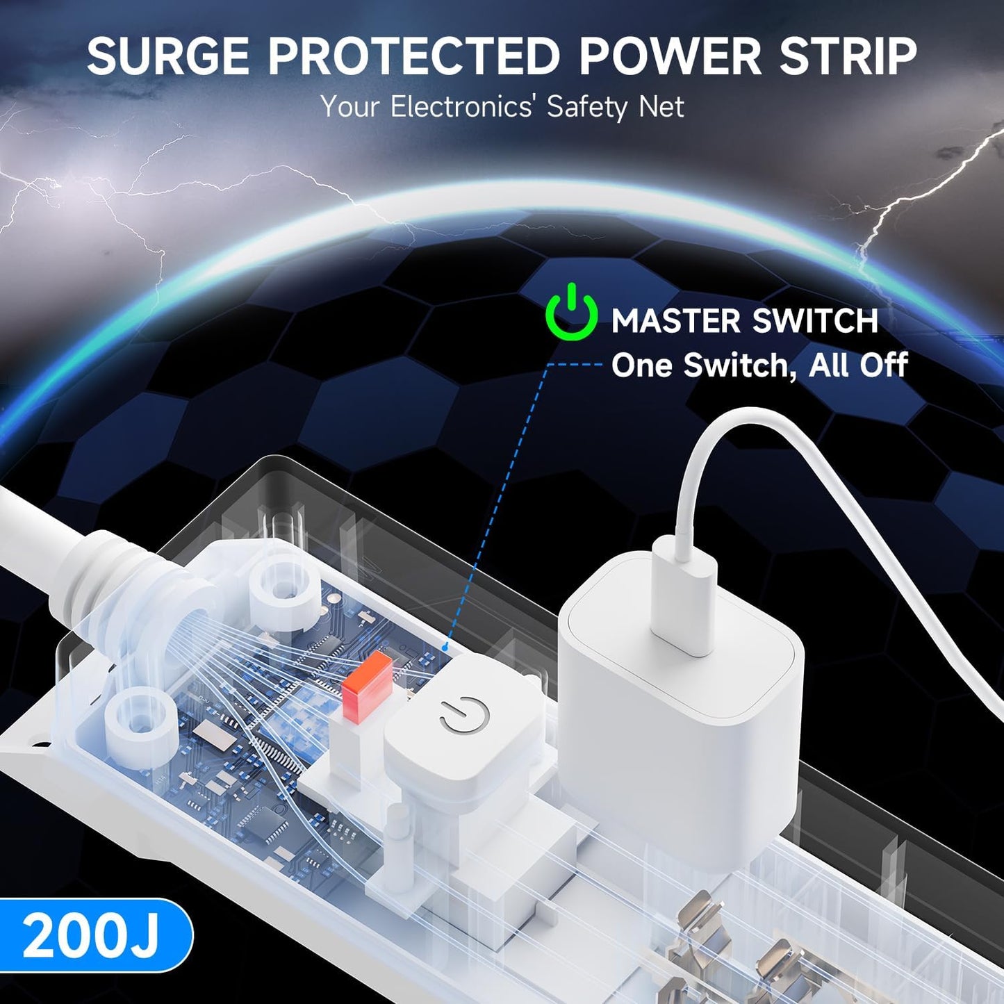 15 Ft Power Strip Surge Protector with USB Ports, Flat Plug Extension Cord, 5 AC Outlets and 3 USB Charging Ports, Wall Mountable, ETL Listed – White for Home, Office, Dorm