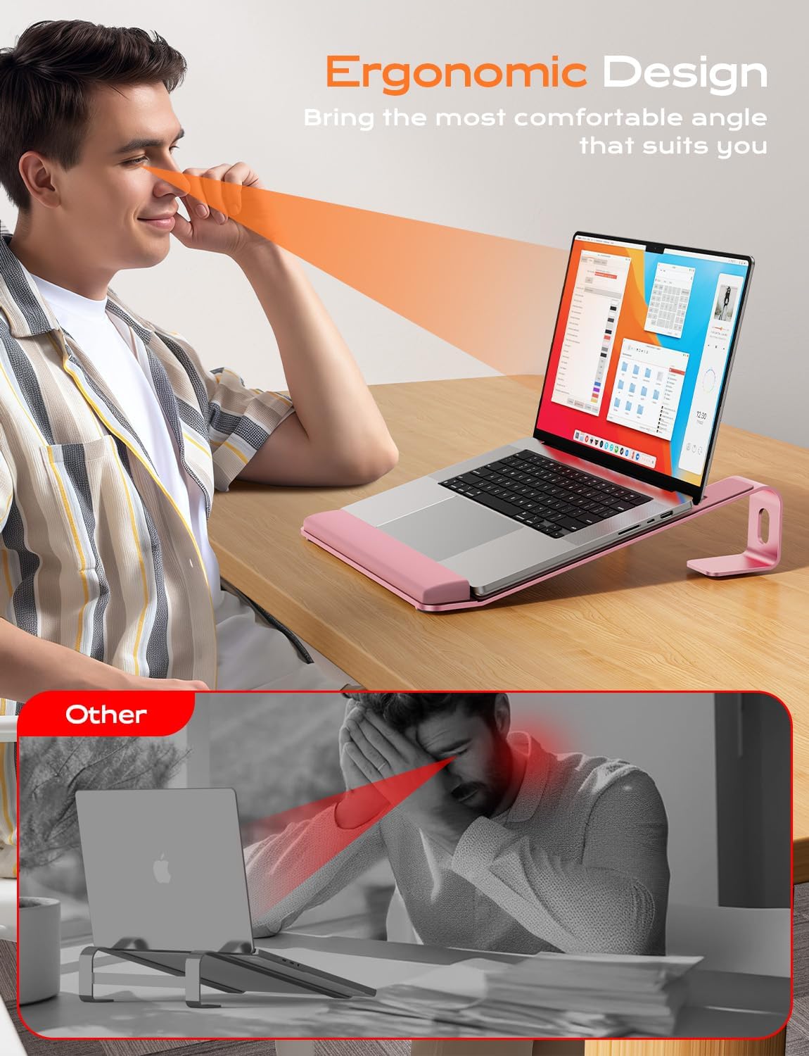 Laptop Stand for Desk, Laptop Stand with Wrist Support, Ergonomic Detachable Laptop Riser, Mount, Holder Notebook Computer Stand for MacBook Air Pro, HP, Dell, XPS, HP (10-17") Laptops - Pink