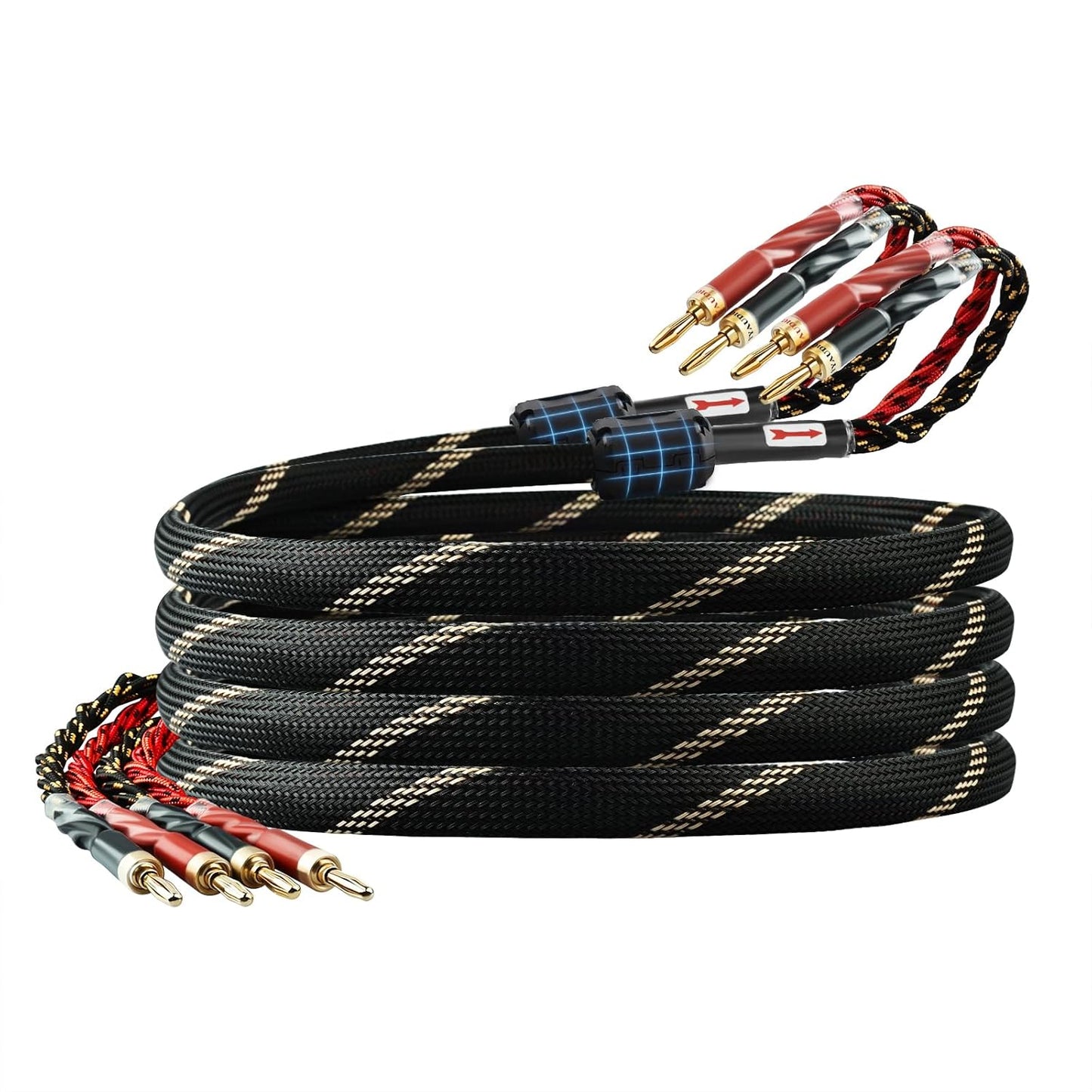 10 AWG Audiophile HiFi Speaker Audio Cable–4N OFC Core,24K Gold-Plated Banana Plugs with Nylon Braid,Compatible with Amplifier,Speakers,AV Receiver & Home Theater(9.84ft/3m) 2-Pack