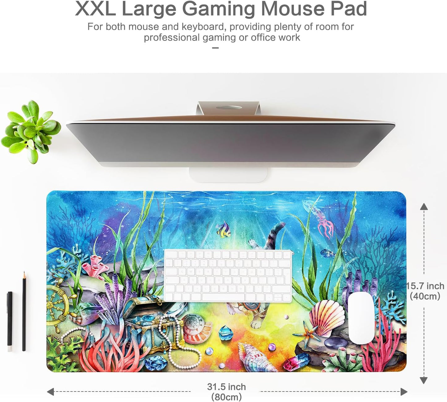Lokigo Desk Pad Cool Cat, Big Desk Mat Cute Cat Ocean Underworld Extended Large Gaming Mouse Pad for Desk Boys Girls Non-Slip Rubber Base Stitched Edges Mouse Mat Office Home Laptop Desk Matt