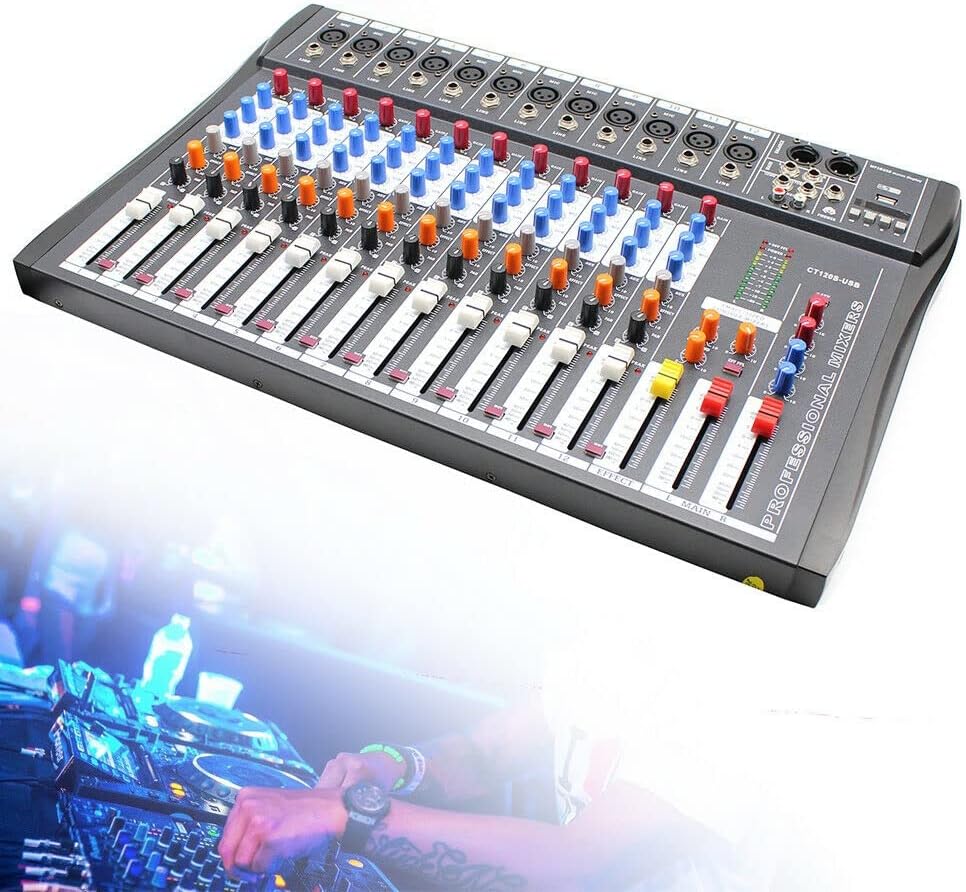 12 Channel Audio Mixer, DJ Soundboard Sound Mixer Console with Xlr, Line Inputs & 48V Phantom Power, Studio Audio Mixer KTV Sound Mixing Console for Professional and Beginners (12-Channel)