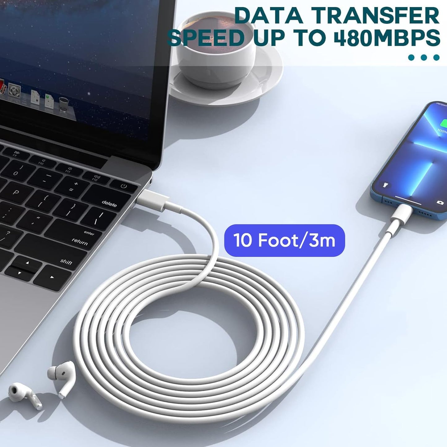 10FT iPhone Fast Charger,2Pack[Apple MFi Certified]iPhone Fast Charging USB C Blocks Wall Charger PD Adapter with Long 10 Foot USB C to Lightning Cable for i Phone14/13/12/11Pro Max/XS/SE/AirPods,iPad