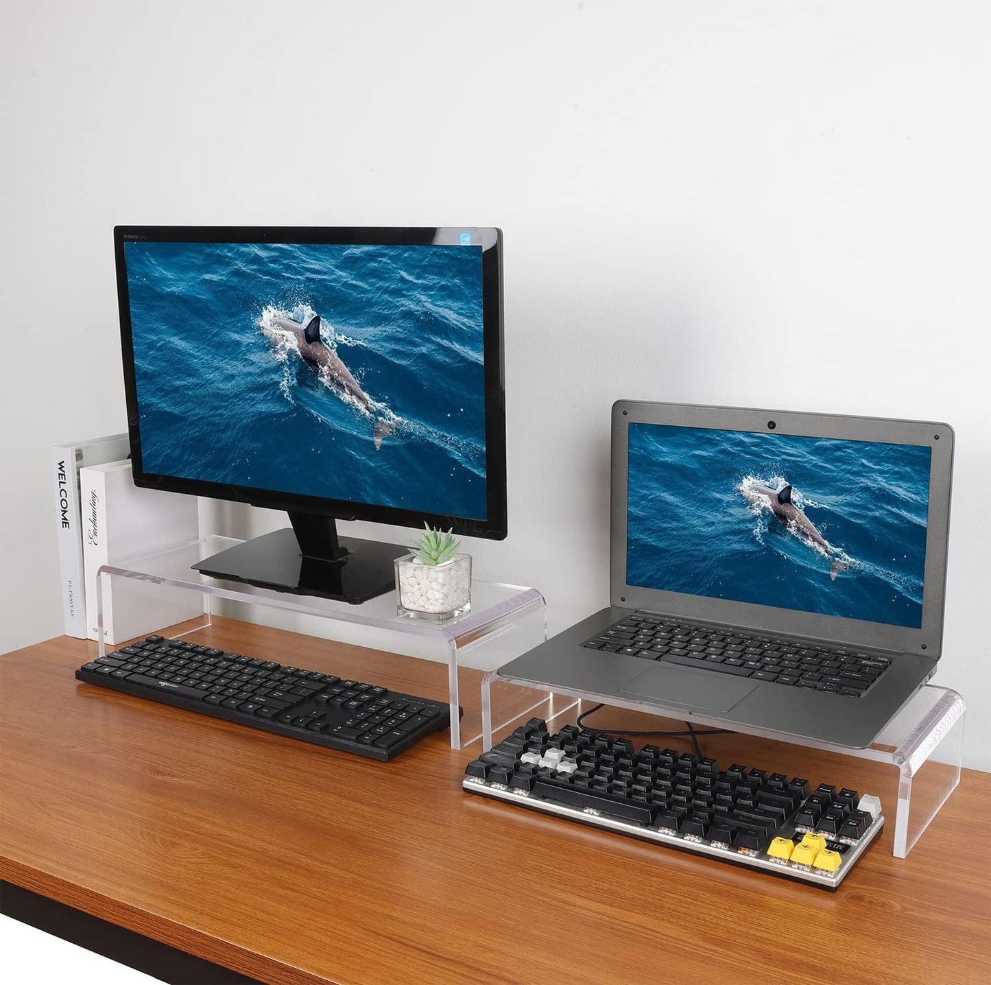 2 Pack Computer Monitor Riser with keyboard cover Anti-Cat, Dual Monitor Stand Riser, Multimedia Desktop Stand for Dual Monitors/Laptop/Flat Screen TV (20"+14")