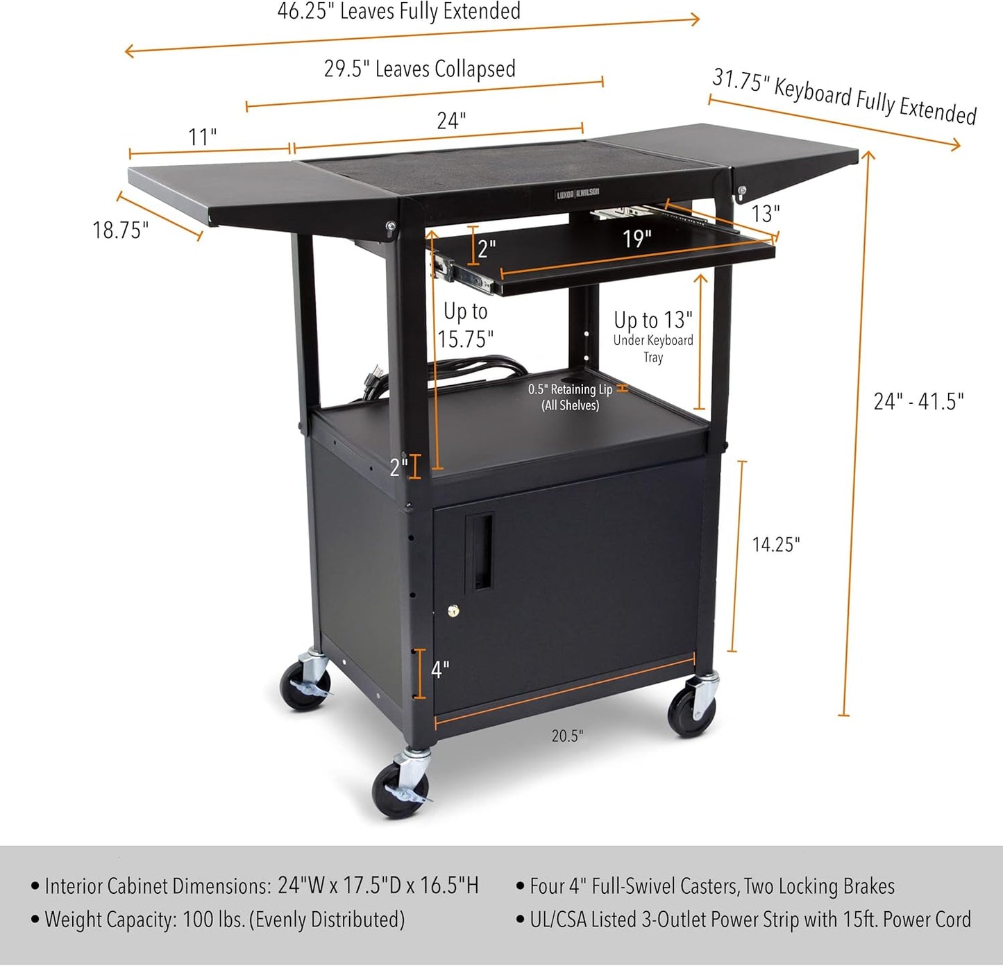 Line Leader Rolling AV Cart with Locking Cabinet, Laptop Stand, and Drop Leaves, Height Adjustable Mobile Utility Cart Workstation with Extra Storage Space, UL-Listed Power Strip (Black / 46 x 18)