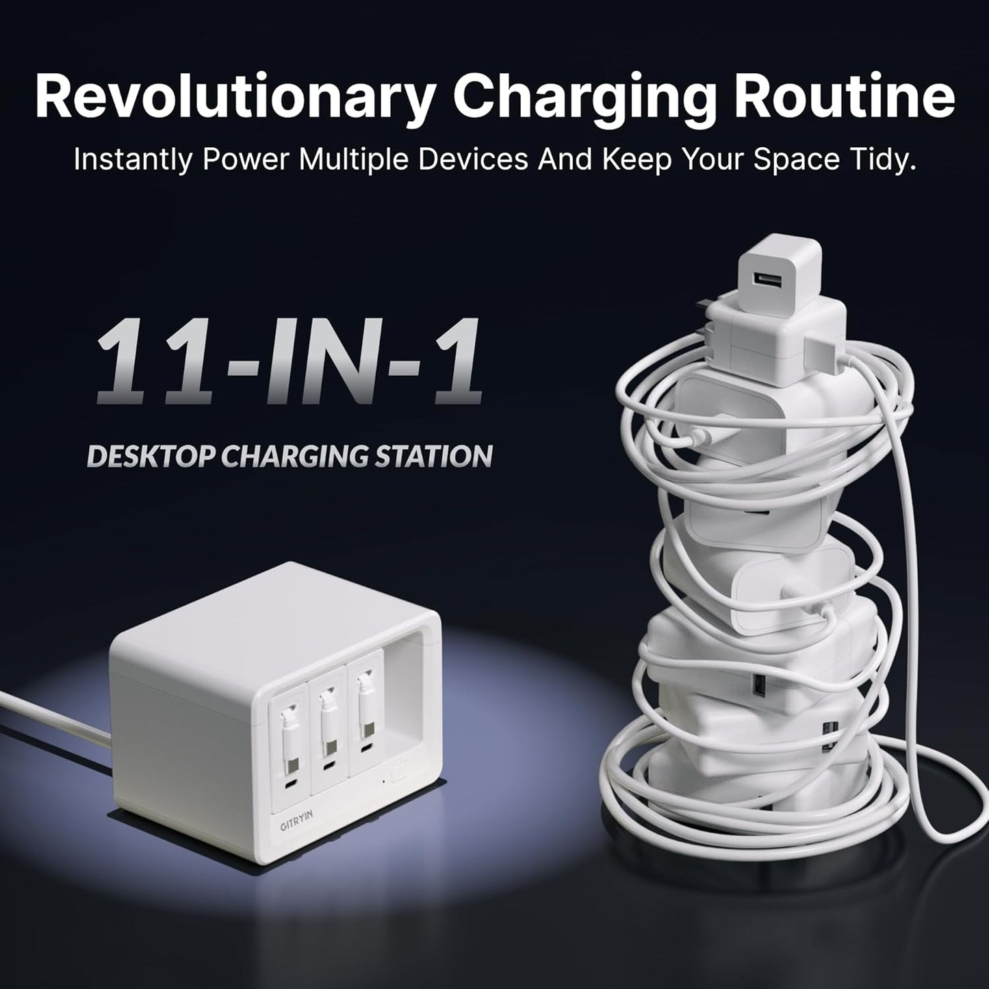 11-in-1 Desktop Charging Station with 3 Retractable Wall Chargers, 40W USB-C Power Strip with 5 AC, 3 USB C, 3 Type-C 31.5in Cables, Extension Cord with 1020J Surge Protection for Home Office