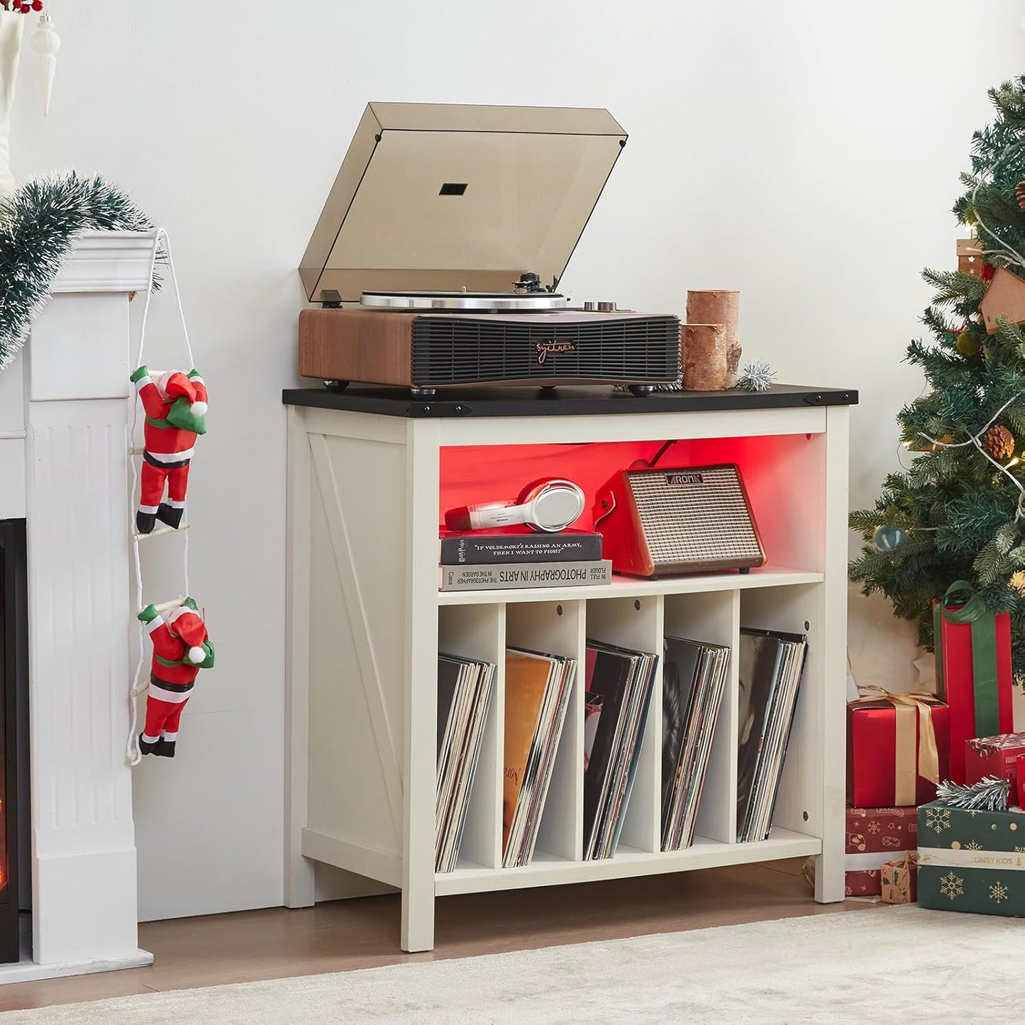 Large Record Player Stand with Charging Station & LED Lights, Vinyl Records Storage Holder Cabinet Holds up to 230 Albums, Turntable Stand for Music Room, Bedroom, Living Room, Office (White)