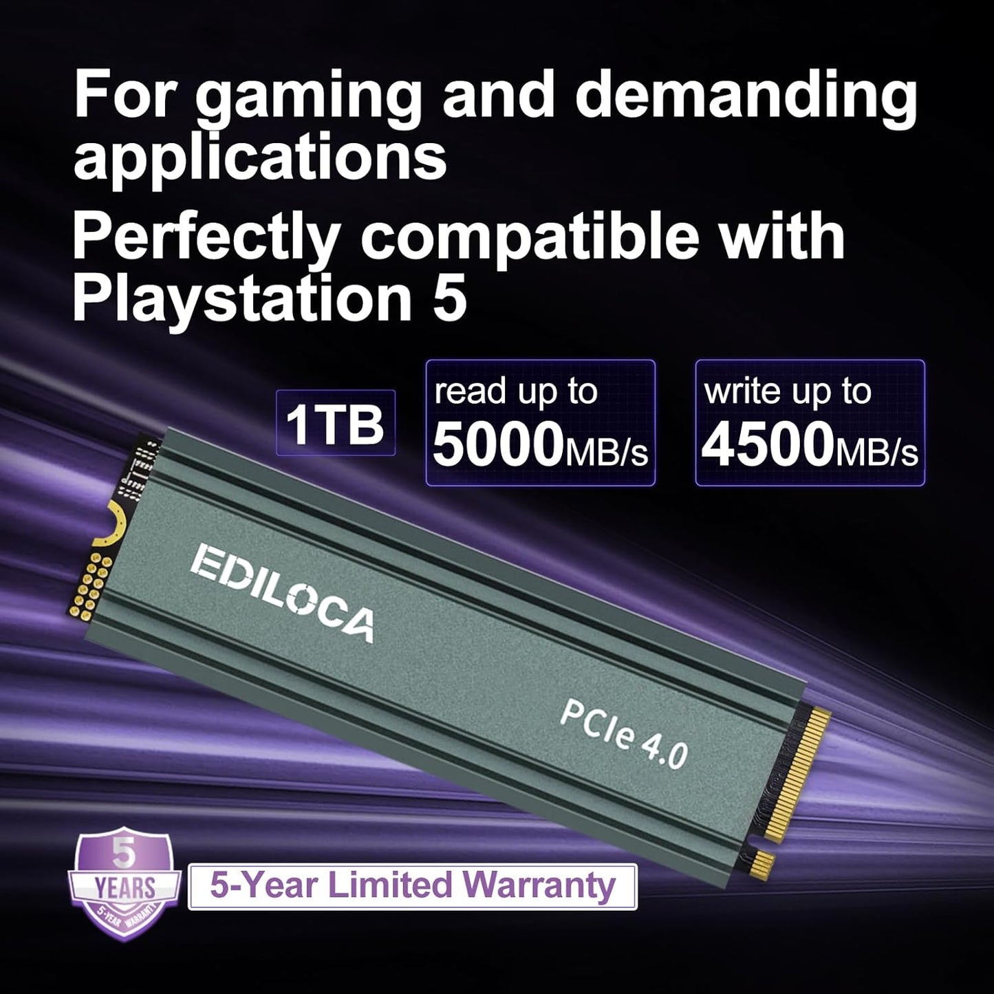 1TB M2 NVME SSD with Heatsink - PCIe Gen4.0 NVMe M.2 2280 3D NAND TLC, 5000MB/s Read, Internal Solid State Drive for PS5/PC, Dynamic SLC Cache, PS5 Storage Expansion, 5-Year Warranty(EN760)