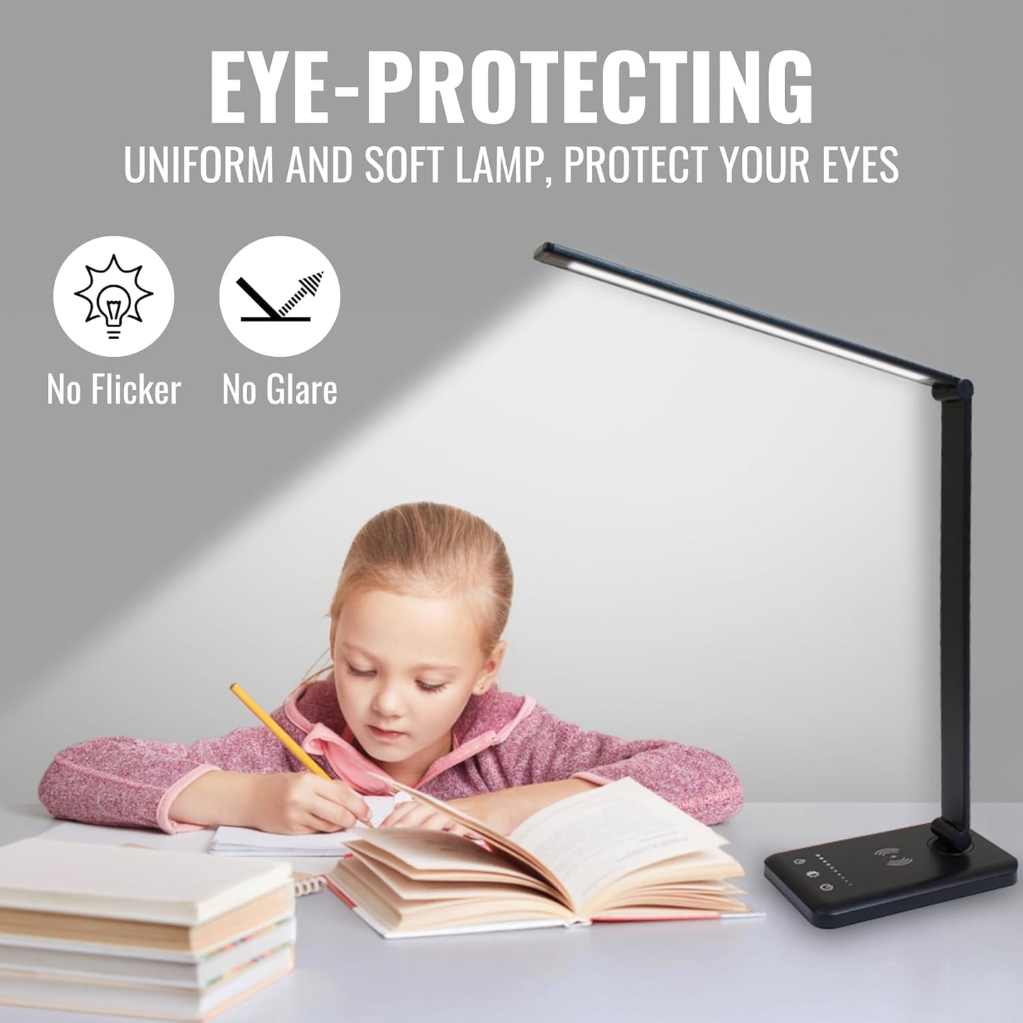 LED Desk Lamp with Wireless Charger – Touch Control Dorm Desk Lamp with USB Charging Station, 3 Color Modes & 5 Brightness Levels, Ideal for Home, Office, Bedroom, Study Area, & College Dorm, Black