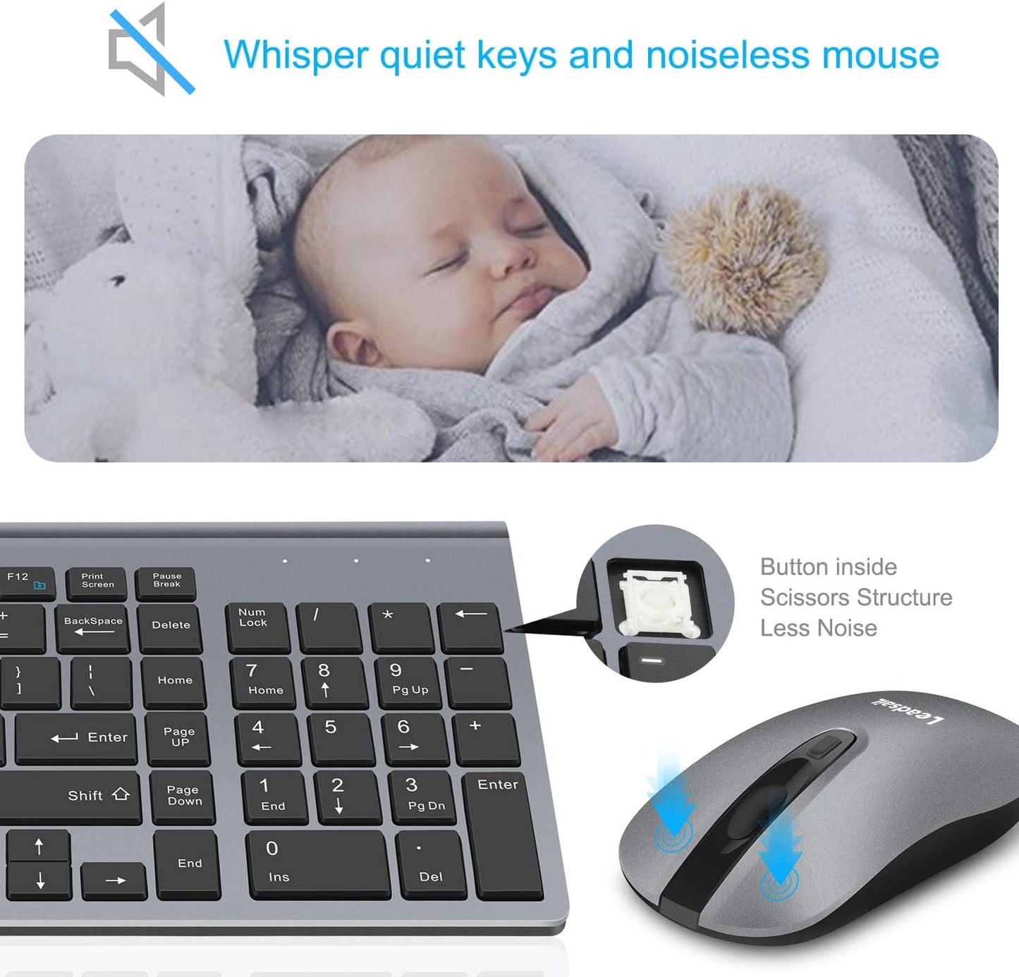 LeadsaiL Wireless Keyboard and Mouse Combo, Wireless USB Mouse and Computer Keyboard Set, Compact and Silent for Windows Laptop, Desktop, PC
