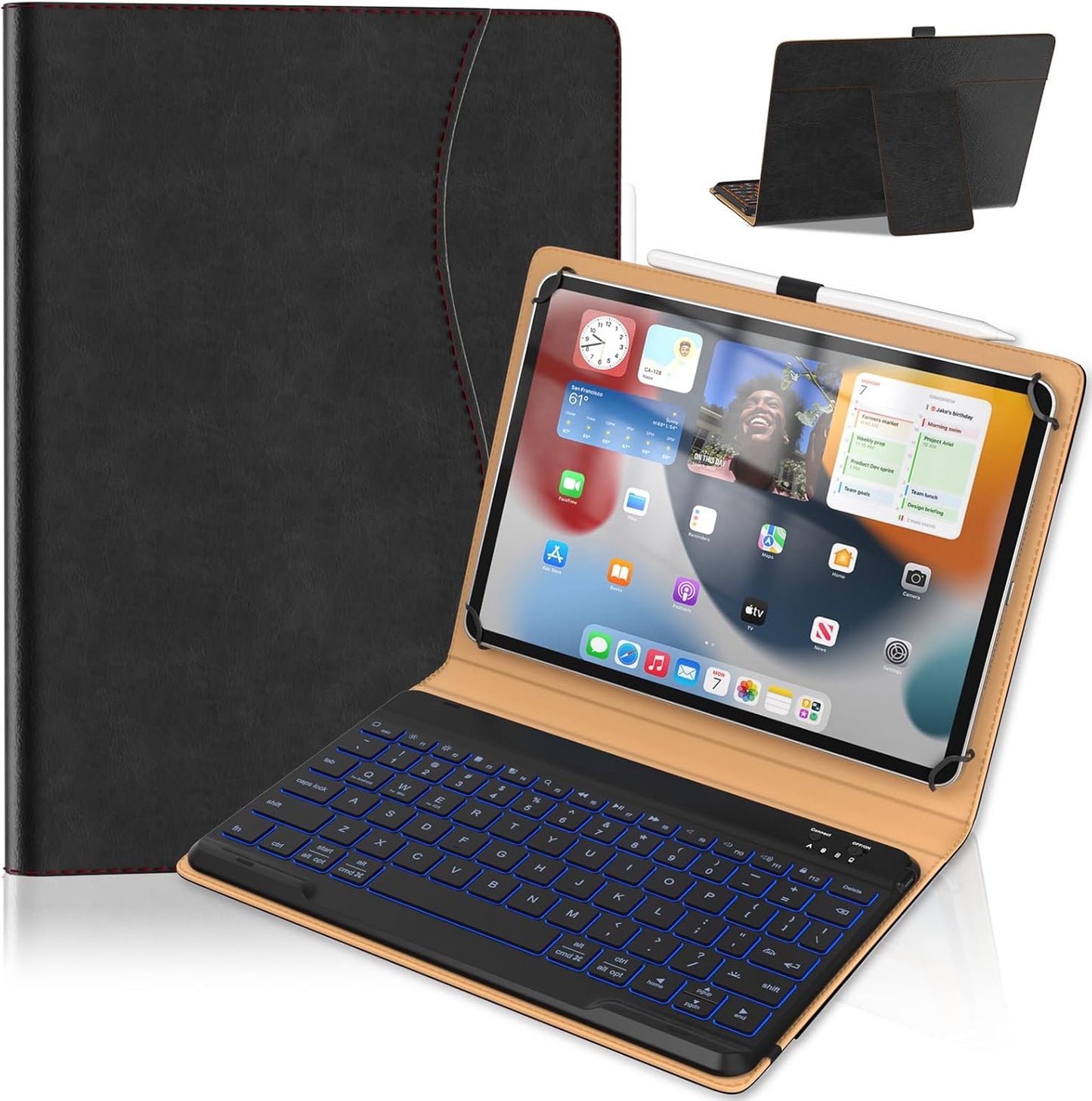 Leather Keyboard Case for 9",9.7",10.1",10.2",10.5",10.9",11" Tablets,7 Colors Backlit,Bluetooth Wireless Keyboard with Pocket Leather Folio Cover(Black)