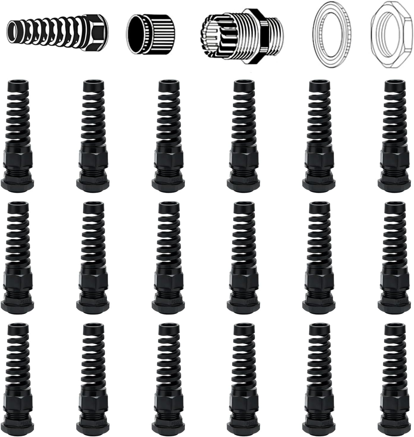 18 Pcs Waterproof Cable Gland,PG13.5(NPT 1/2) Thread(6-12mm), Made of PA66 Material,waterproof wire grommet Strain Relief Cord Connectors,Suitable for Various Electrical Installations