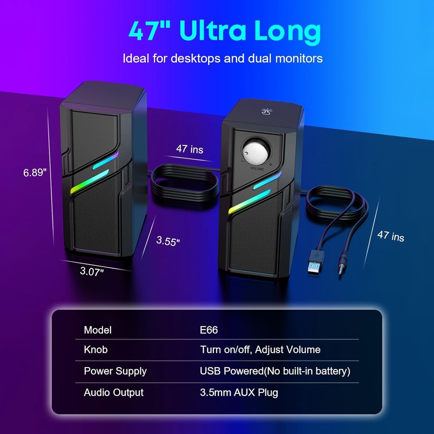 LENRUE Computer Speakers for Desktop PC with Easy Knob, Clear Powerful Sound, Touch Lights, Plug and Play for Computer Desktop PC, Monitors, Laptop (USB & AUX)