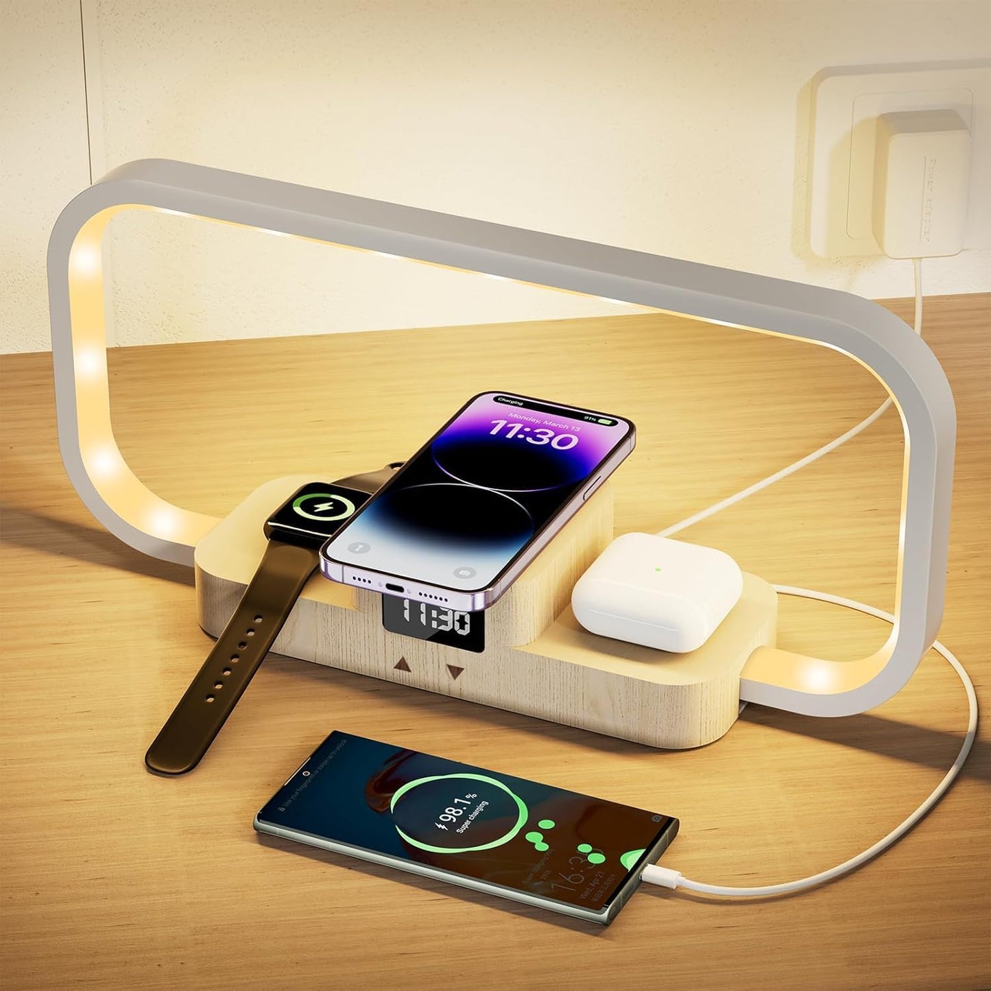 LED Bedside Lamp with Wireless Charger, 3-in-1 Touch Control Table Lamp with Clock, Dimmable Nightstand Lamp with 5 Color Modes, Modern Bedroom Desk Lamp, Gift for Women & Men,Wooden,Adapter Included