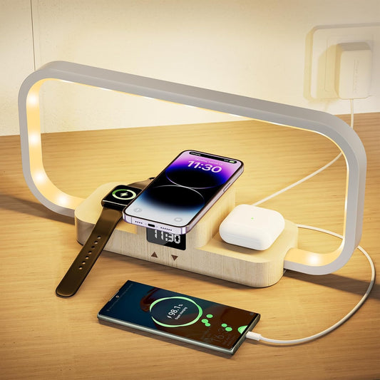LED Bedside Lamp with Wireless Charger, 3-in-1 Touch Control Table Lamp with Clock, Dimmable Nightstand Lamp with 5 Color Modes, Modern Bedroom Desk Lamp, Gift for Women & Men,Wooden,Adapter Included