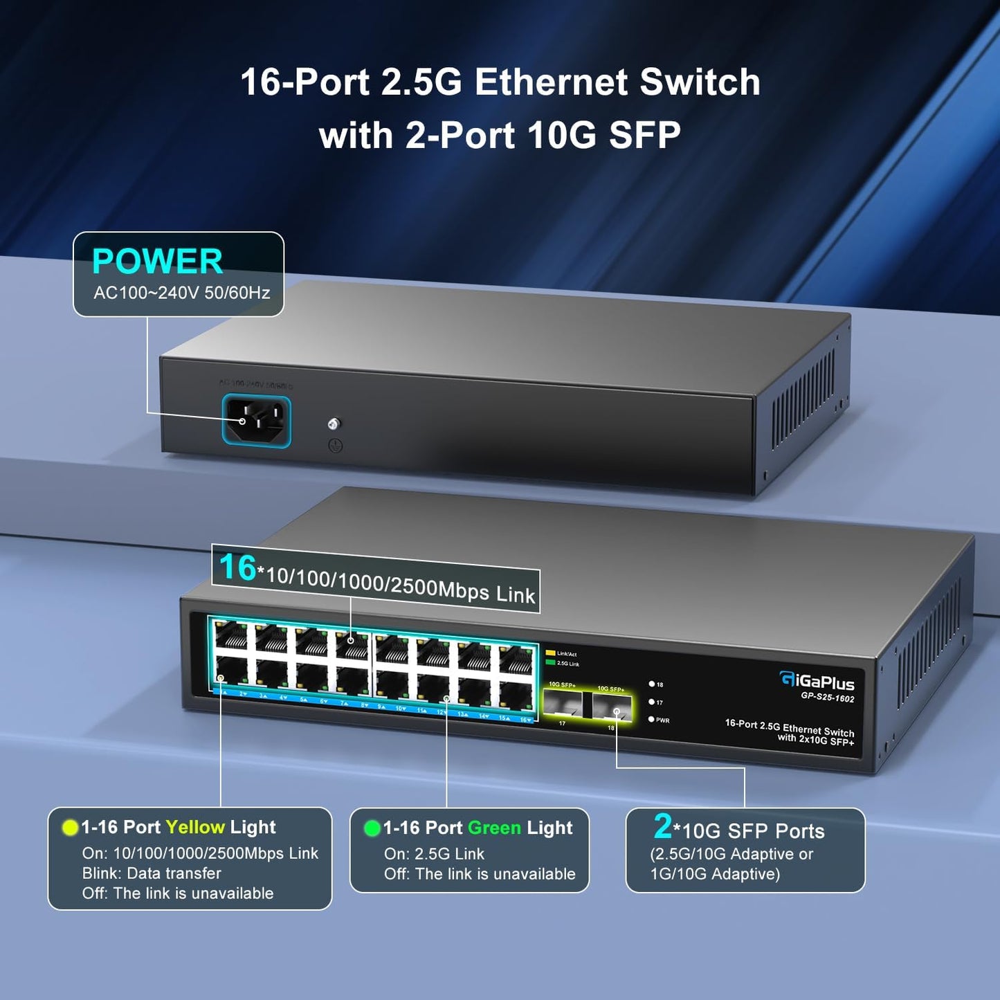 18 Port 2.5Gb Unmanaged Ethernet Switch with 16* 2.5G Base-T Ports, 2* 10G SFP+ Ports. GiGaPlus 2.5Gbps Network Switch for 2.5Gbps NAS/PC, Wireless AP, WiFi6 Router. Plug and Play, Fanless Design.