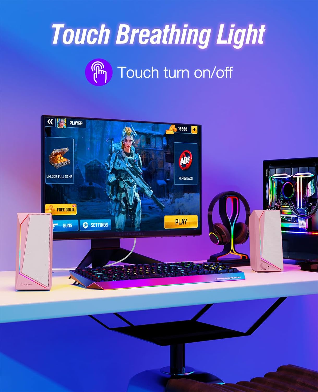 LENRUE Computer Speakers, USB/USB-C Powered PC Speakers with Loud Stereo Sound, Headphone-in for Desktop, iMac, MacBook, Laptop, Monitor (USB-C to USB Adapter Included) (Pink)