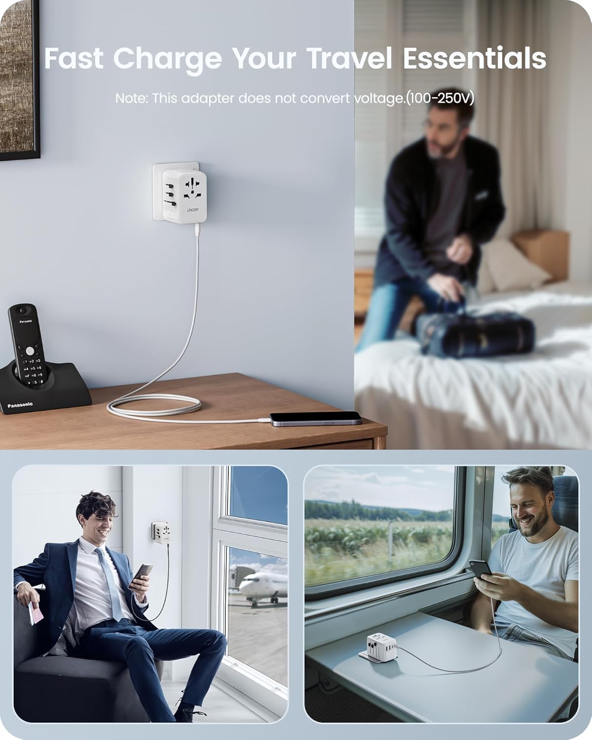 LENCENT 65W Universal Travel Adapter, GaN International Fast Charger 2 USB-A & 2 USB-C Power Plug Converter, Power Outlet Adapter for Phones,Laptops, All in One Travel Essentials for EU/USA/UK/AU