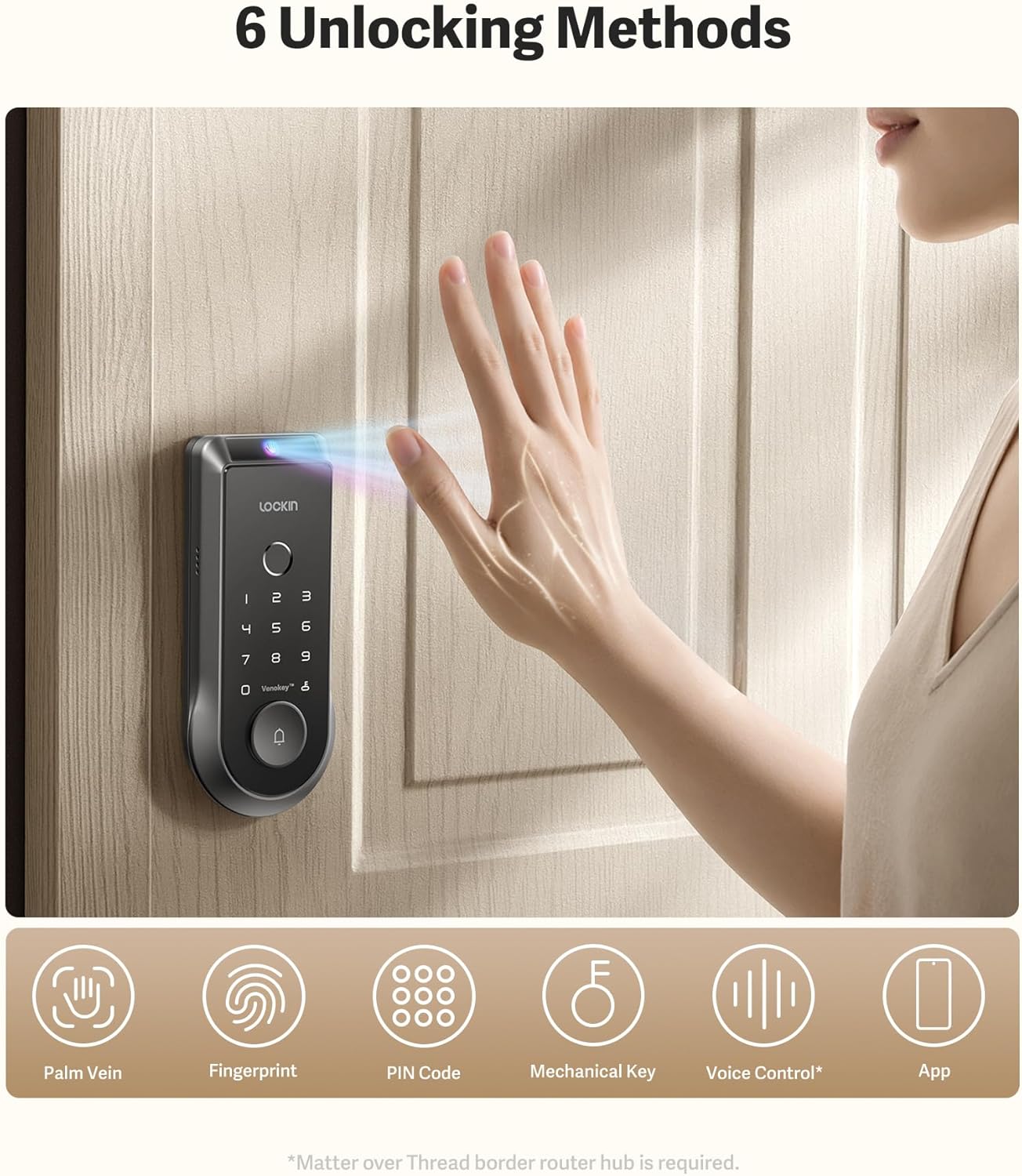 Lockin Veno Smart Lock with Palm Vein, Keyless Entry Smart Locks for Front Door with Doorbell, Fingerprint Lock Built-in WiFi, App Remote Control, 7-Month Battery Life, IP65 Waterproof
