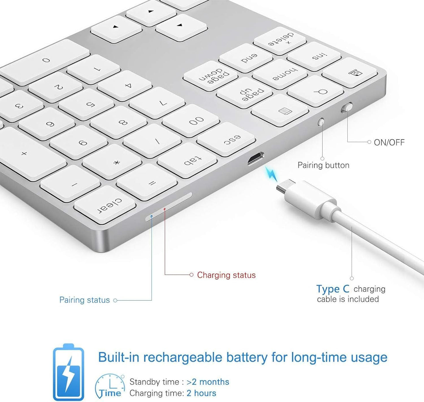 Lekvey Bluetooth Number Pad, Aluminum Rechargeable Wireless Numeric Keypad Slim 34-Keys External Numpad Keyboard Data Entry for Laptop, MacBook, MacBook Air/Pro, iMac, Windows, Surface Pro - Silver