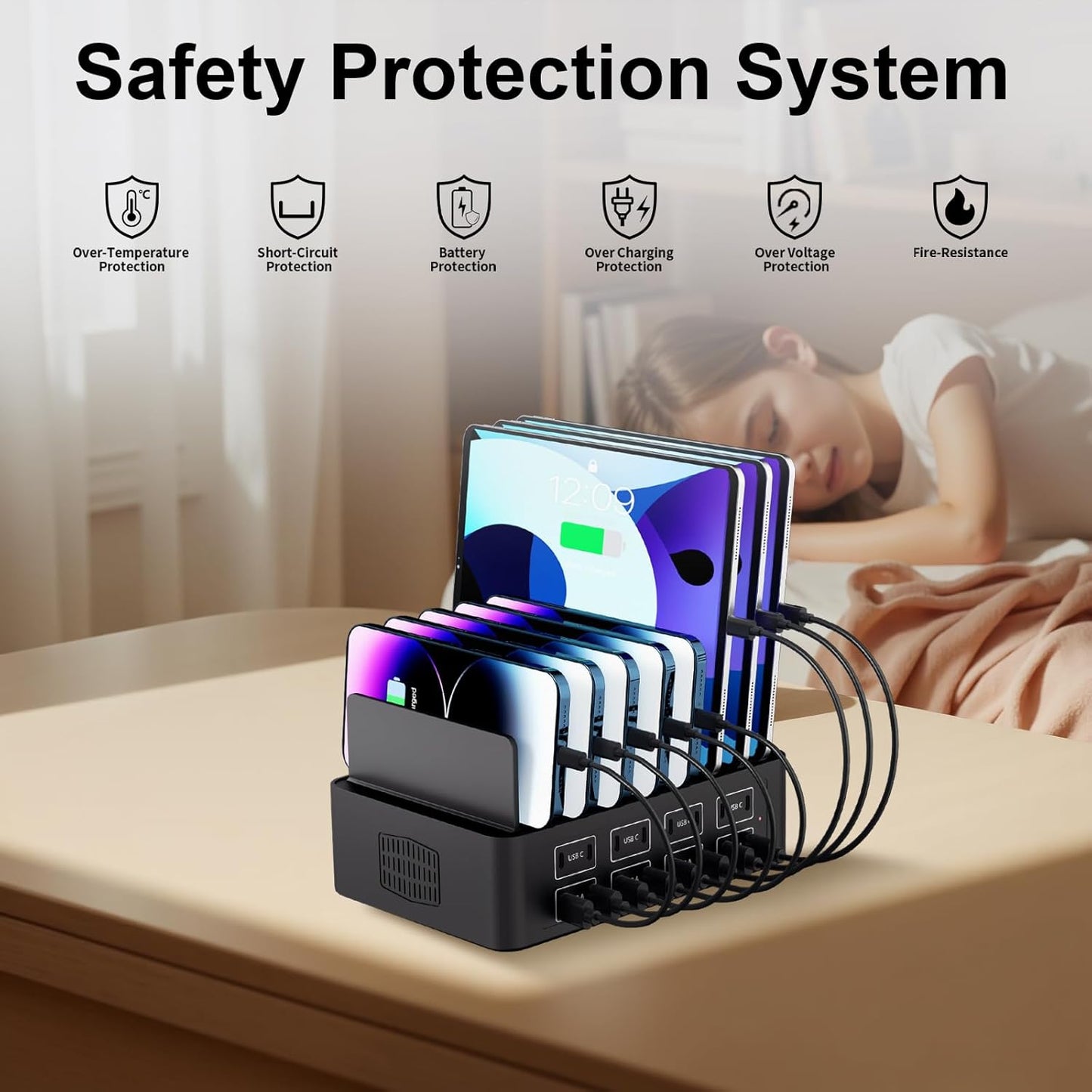 150W/35A Charging Station for Multiple Devices, 16 Port USB C Fast Charging Station with Adjustable Dividers - Organizer Charging Dock for Smartphone, iPad, Kindle, Tablet & More