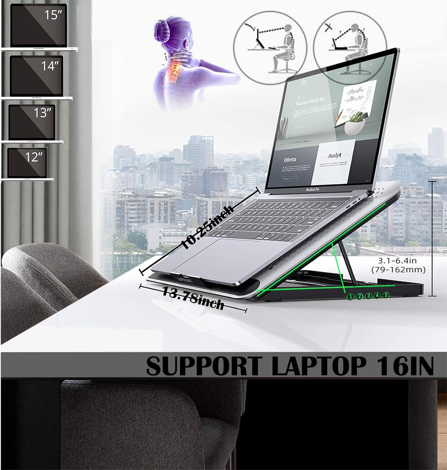 16inch Single Fan Lap Chill Mat - Aluminum Panel Laptop Cooling Pad, Heat Protection Laptop Cooler, Adjustable Foldable Long Stand, Fans Switch with dimmable-Speed, USB-A Connection Laptop Fan