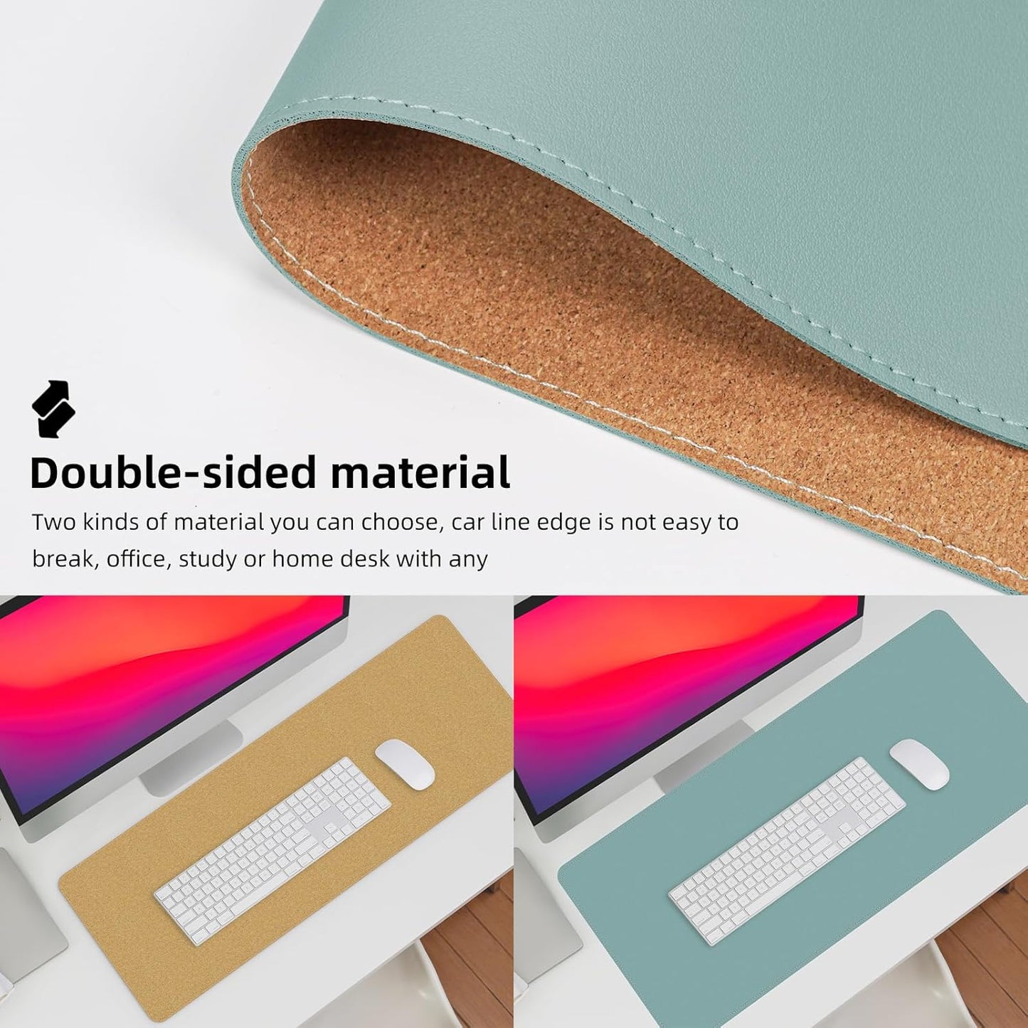 Leather Desk pad Protector, Large Desk mat with Natural Cork & PU Leather,Mouse pad,Non-Slip Office Desk Mat,Waterproof Desk Writing Pad for Office and Home (35in*17in, Light Blue)