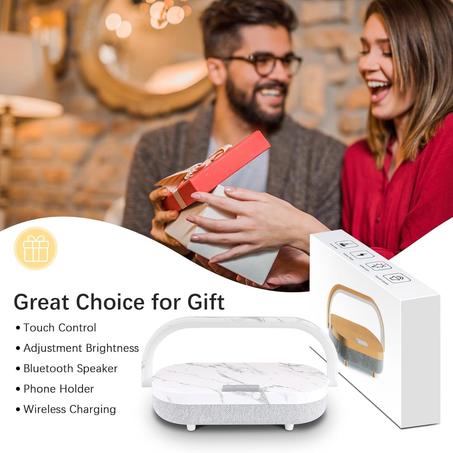 LED Bedside Lamp, Touch Lamps for Bedroom Nightstand, 4 in 1 Bedside Table Lamp with Wireless Charger, Portable Bluetooth Speaker, Phone Holder, Dimmable Charging Birthday Gifts for Women