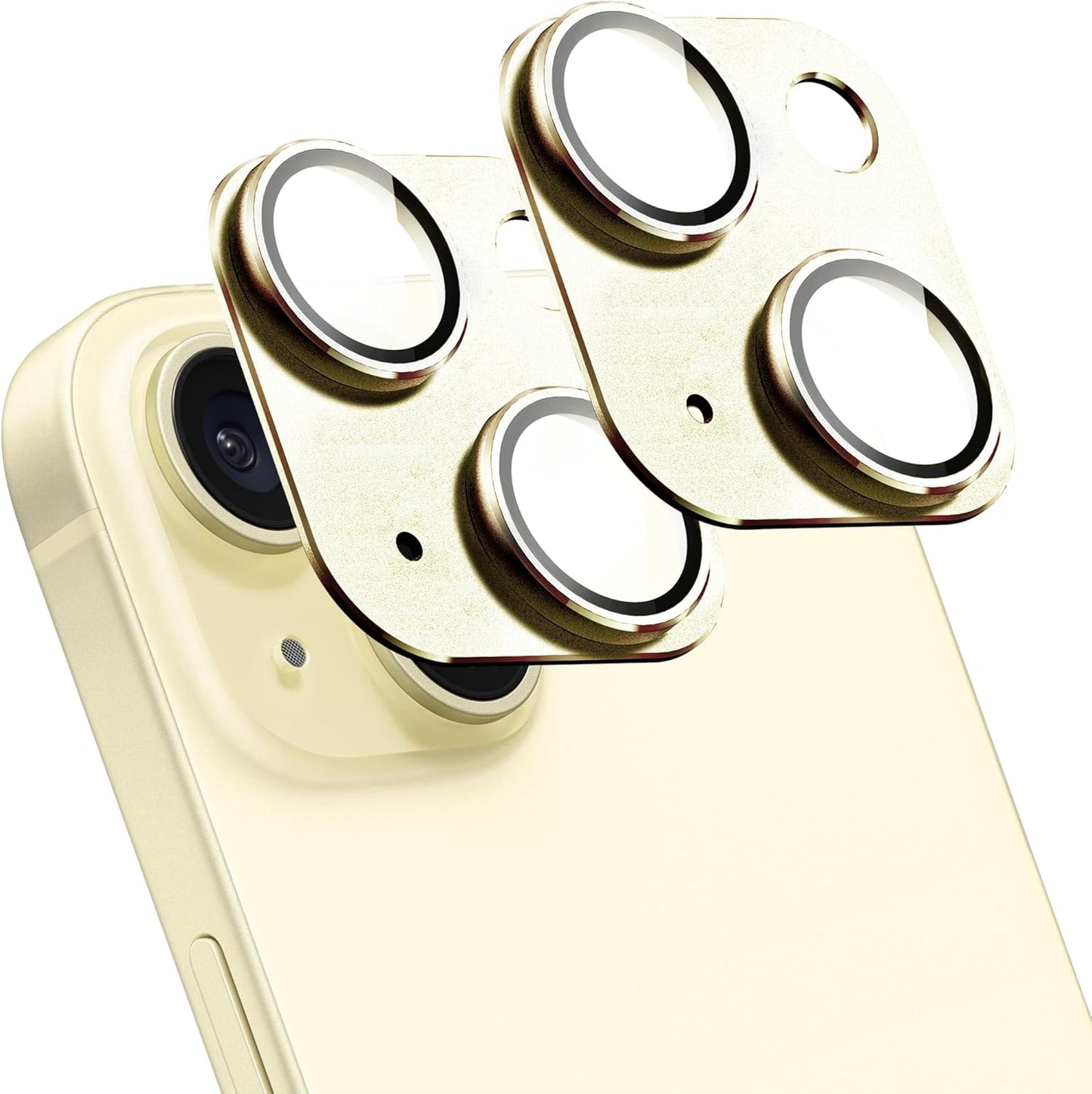 2 Pack Camera Lens Protector for iPhone 15 / iPhone 15 Plus,[Not Easy to Breakn ] AR Tempered Glass Strong Adsorption Metal Camera Cover Screen-yellow