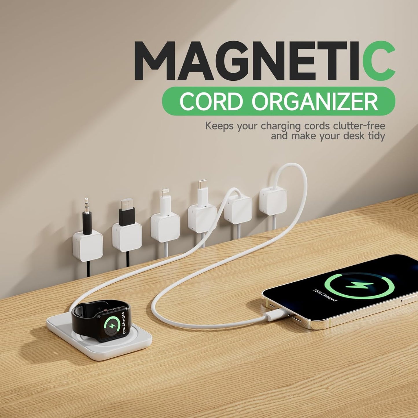 12 White Magnetic Cable Clips,Under Desk Cable Management,Cord Holder for Nightstand Home Office Car Phone Wall,2025 Adhesive Cord Organizer[0.45" in Ht Save Space/Versatile for Wire Up to 0.27" OD]
