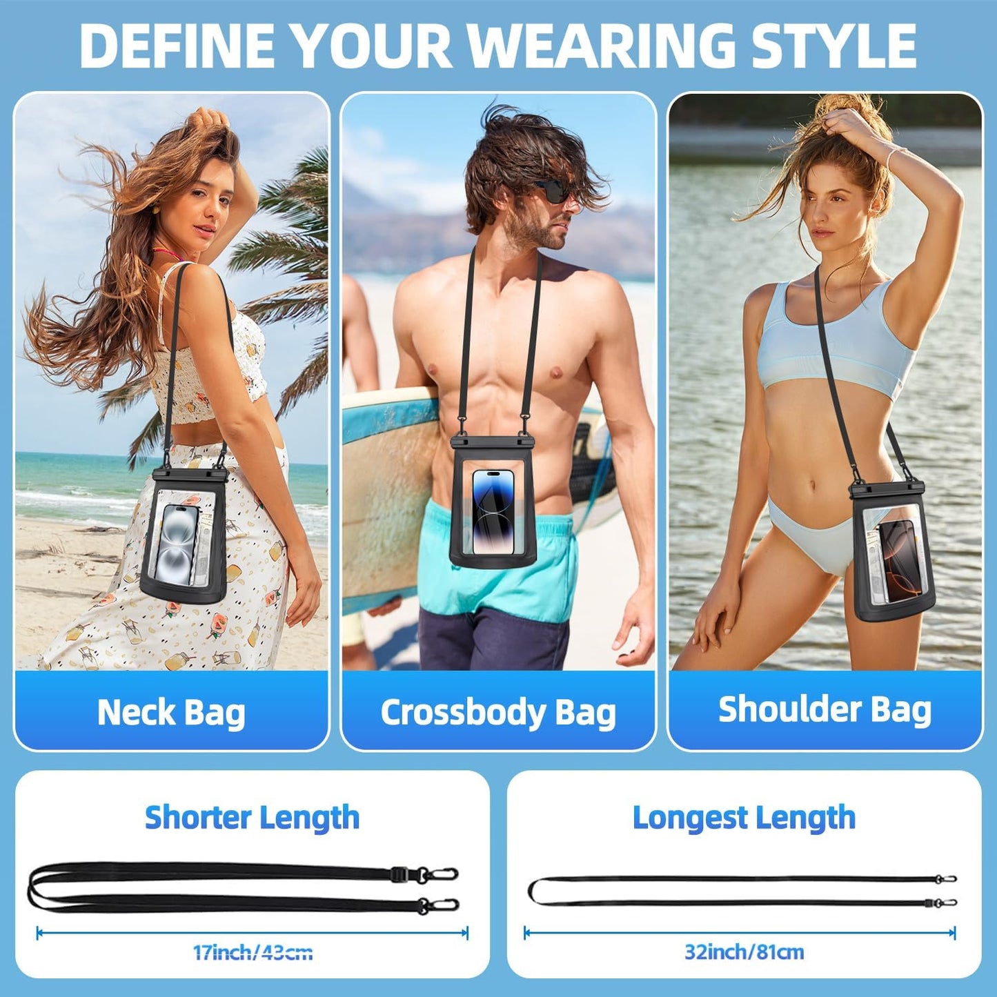 Large Waterproof Phone Pouch，Double Sealing Floating Waterproof Bag Cell Phone Dry Bag Up to 7.5", Beach Vacation Essentials Water Park Essentials(Black)