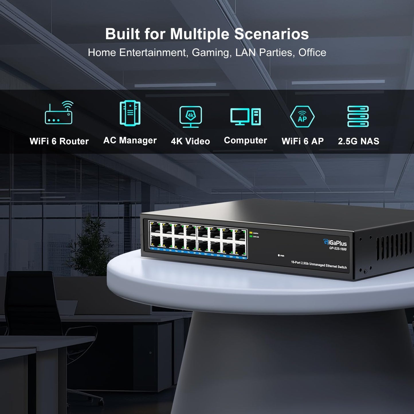 16 Ports 2.5Gb Unmanaged Ethernet Switch, 16*2.5G Base-T Ports. GiGaPlus 2.5Gbps Network Switch for 2.5Gbps NAS/PC, Wireless AP, WiFi6 Router. Plug and Play, Fanless Design.