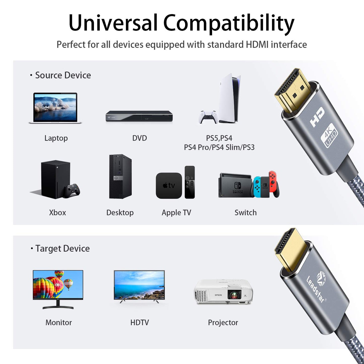 LEADSTAR HDMI Cable 4K 60 ft Fiber Optic, 4K 60Hz 18Gbps High Speed HDMI 2.0 Cord Braided | Ultra HD, HDR10, 1080p, eARC, 3D, HDCP 2.2 | for Xbox, PS5, TV, Laptop, Monitor