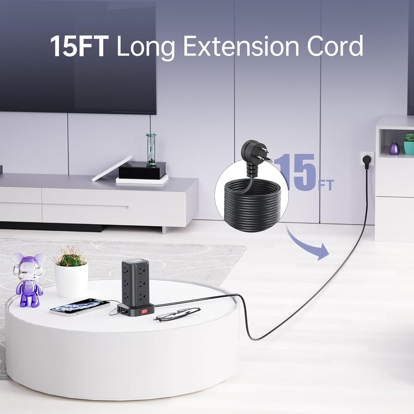 15FT USB C Power Strip Surge Protector Tower, Mini Power Strip Tower Travel 12 AC 4 USB Power Strip with USB Ports, Overload Protection for Home Office