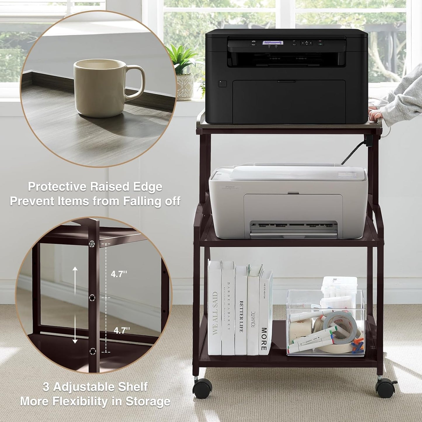 Lauren&Harold 34'' Printer Stand with Power Outlets & USB Ports, 3-Tier Adjustable Rolling Cart, Heavy Duty 150LBS Storage Table with Wheels for Office, Kitchen, Living Room, Bronze
