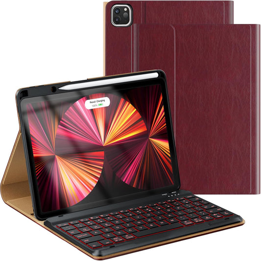 Leather Keyboard Case for iPad Air 5th 4th Generation 10.9 inch Pro 11 1st/2nd/3rd/4th, 7 Color Backlight BT Keyboard Folio with Pencil Holder 2022 2021 2020 2018 (Wine)
