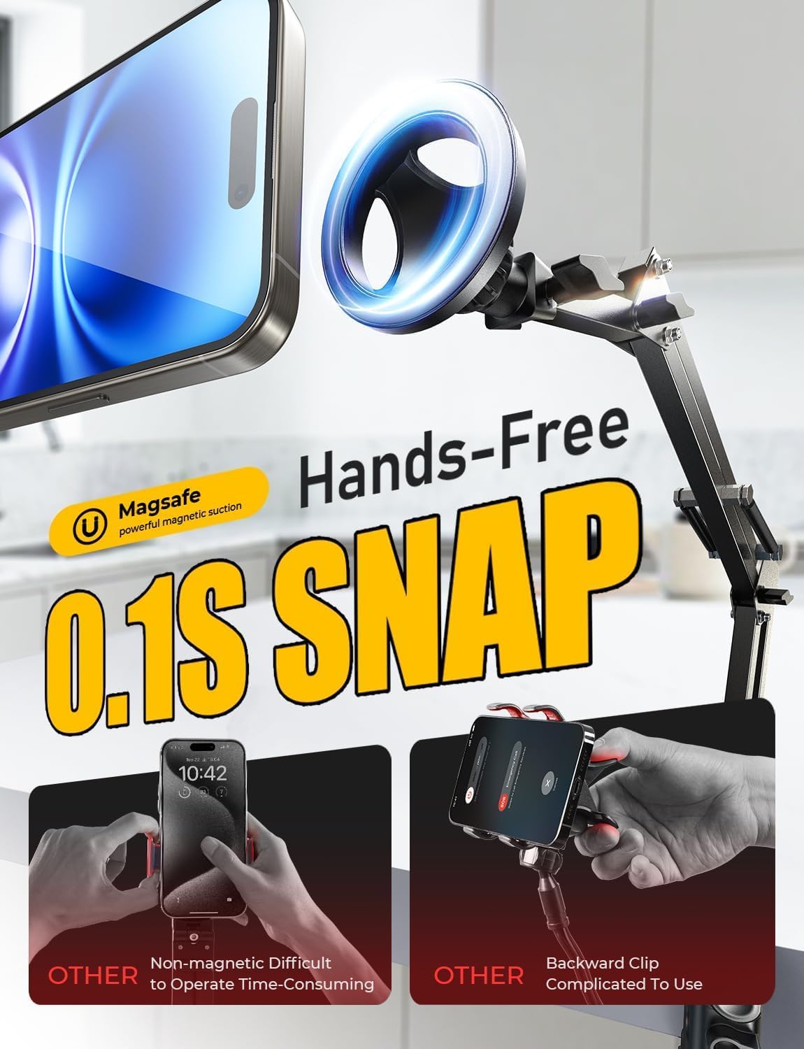 LISEN Gooseneck Phone Holder for Bed Magsafe Phone Stand for iPhone 16 15 Stand Holder for Desk Adjustable for Magsafe Accessories Recording for iPhone Mount for Filming Camera Laying Down