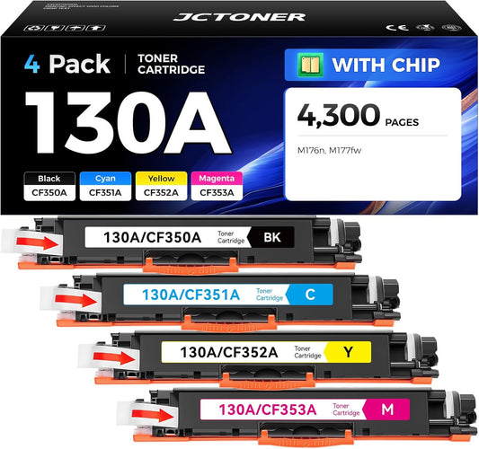 130A Toner Cartridge Set 4-Pack High Yield Replacement for HP 130A CF350A CF351A CF352A CF353A Compatible with HP Color Laserjet Pro MFP M176n M177fw Printer Ink M176 M177 (Black Cyan Yellow Magenta
