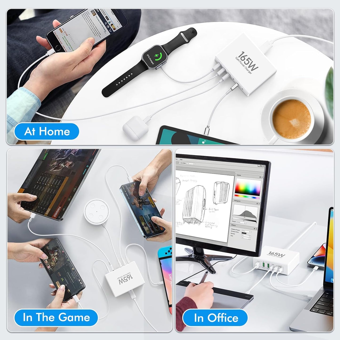 165W USB C Charging Station Hub, 6 Port PD GaN Fast Wall Charger Block Type C Laptop Power Adapter Charger Cube Brick for MacBook Pro/Air,iPad Pro,iPhone16 15 14 13 12, AirPods4，watch10 ultra2